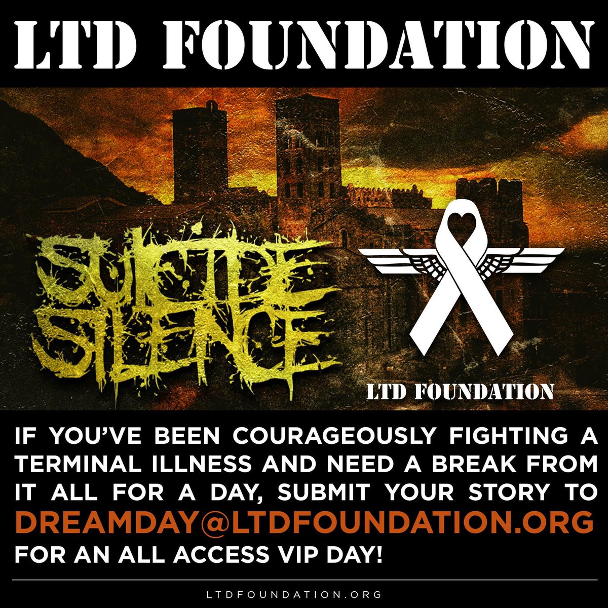 suicidesilence's tweet photo. If you're fighting a terminal illness and want to spend a VIP day with us, email dreamday@ltdfoundation.org https://t.co/d3PMPfPHcY