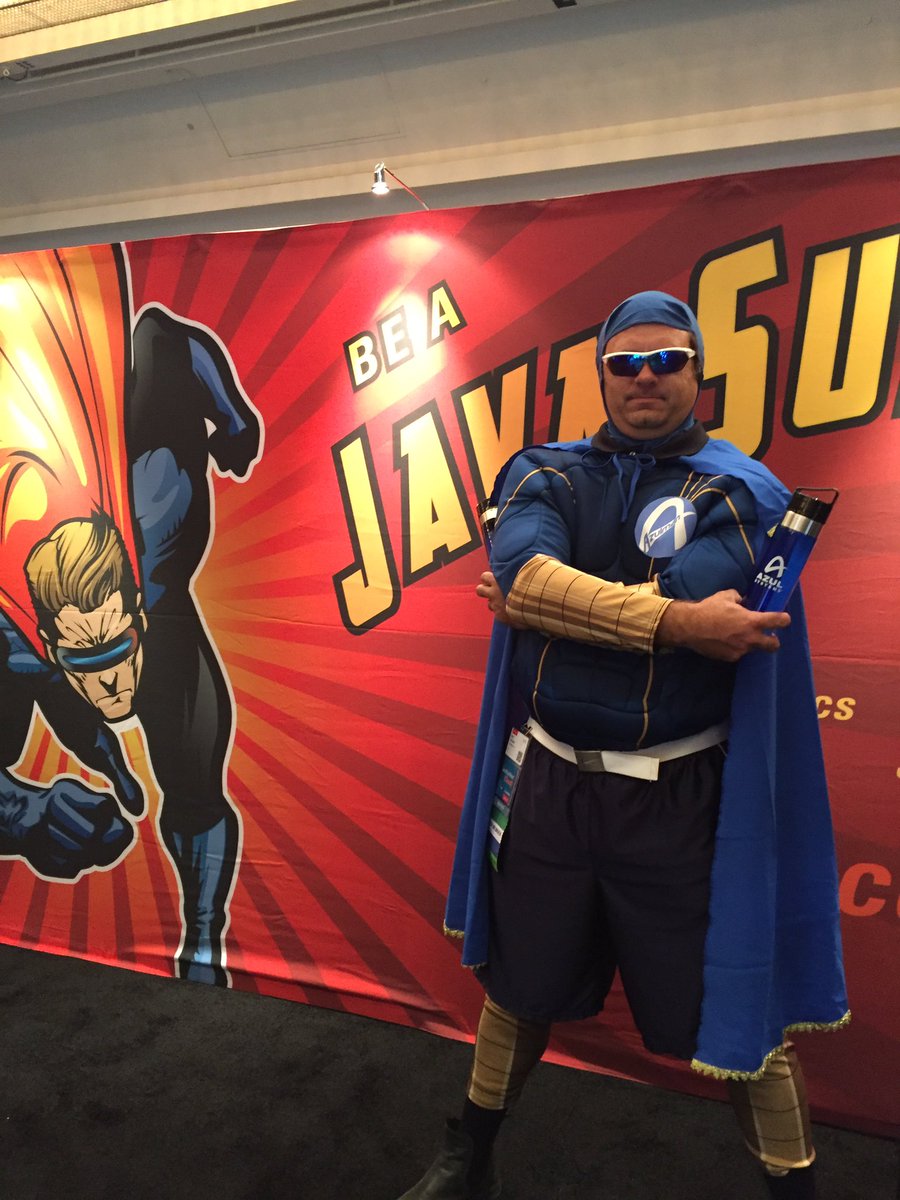 mightymilestone's tweet image. The emergence of AzulMan @ #JavaOne. What a treat. #javasuperhero #azulsystems @schuetzematt
