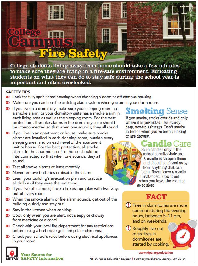 NFPA's tweet photo. A3: Our safety tip sheet can be printed and posted around campus or given to students: https://t.co/swxfMoLk3k #CampusFireSafety https://t.co/mAHhCSQcNf