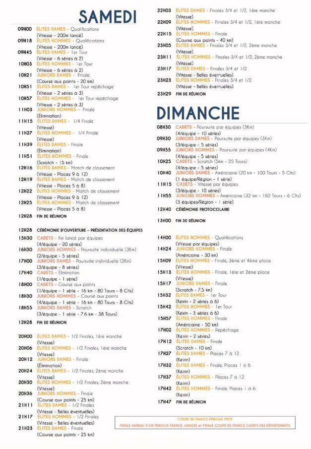 Programme de la #CDFFénioux , de l'interrégion Cadets et de l'Anneau D'or #Fenioux  <a href="/Velodrome_brges/">VélodromeCREPSCentre</a> Entrée Payante : 1Day/11€ 2Days/20€