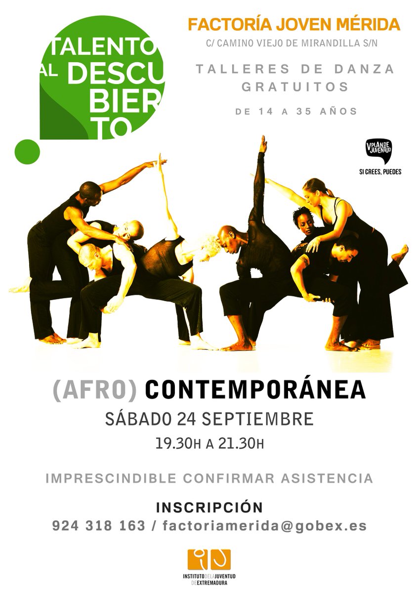 IJExtremadura's tweet photo. Dedica el próximo sábado a aprender danza afro - contemporánea con #TAD2016 en nuestra @FJ_Merida #actividadesFJ @FactoriasIJEX https://t.co/0n602nfEle