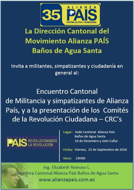 Todos invitados al encuentro de la militancia. Este viernes 23, 19h00 en nuestra dirección cantonal. Los esperamos.