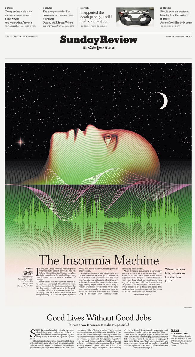 Cover art by Robert Beatty for Sunday Review, on curing insomnia with audiobooks. nytimes.com/2016/09/18/opi…