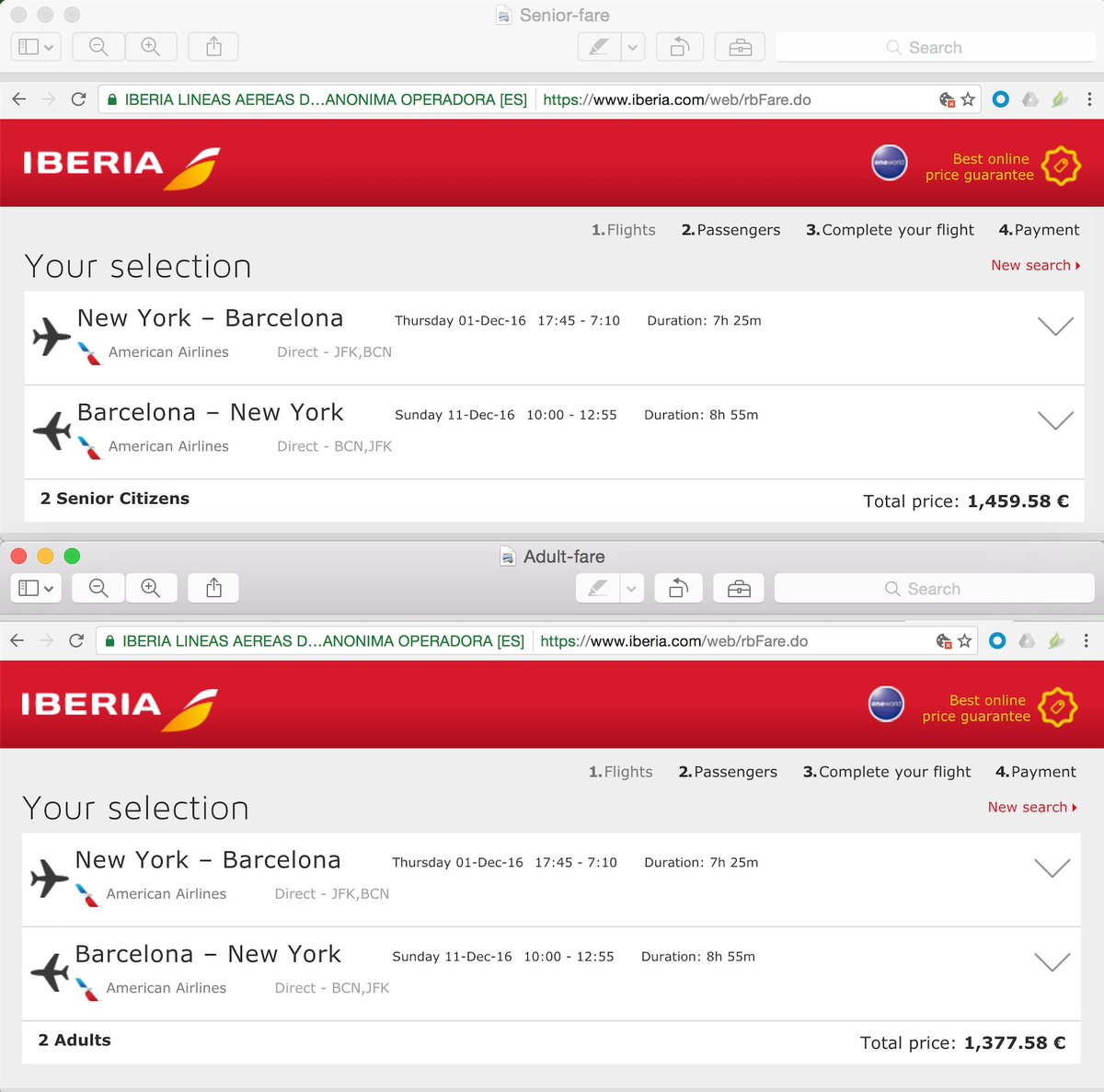 KelleyCreates's tweet photo. @Iberia_en Here you go. The top is when I searched for 2 Seniors. Bottom is 2 Adults. https://t.co/XvdCbKFGha