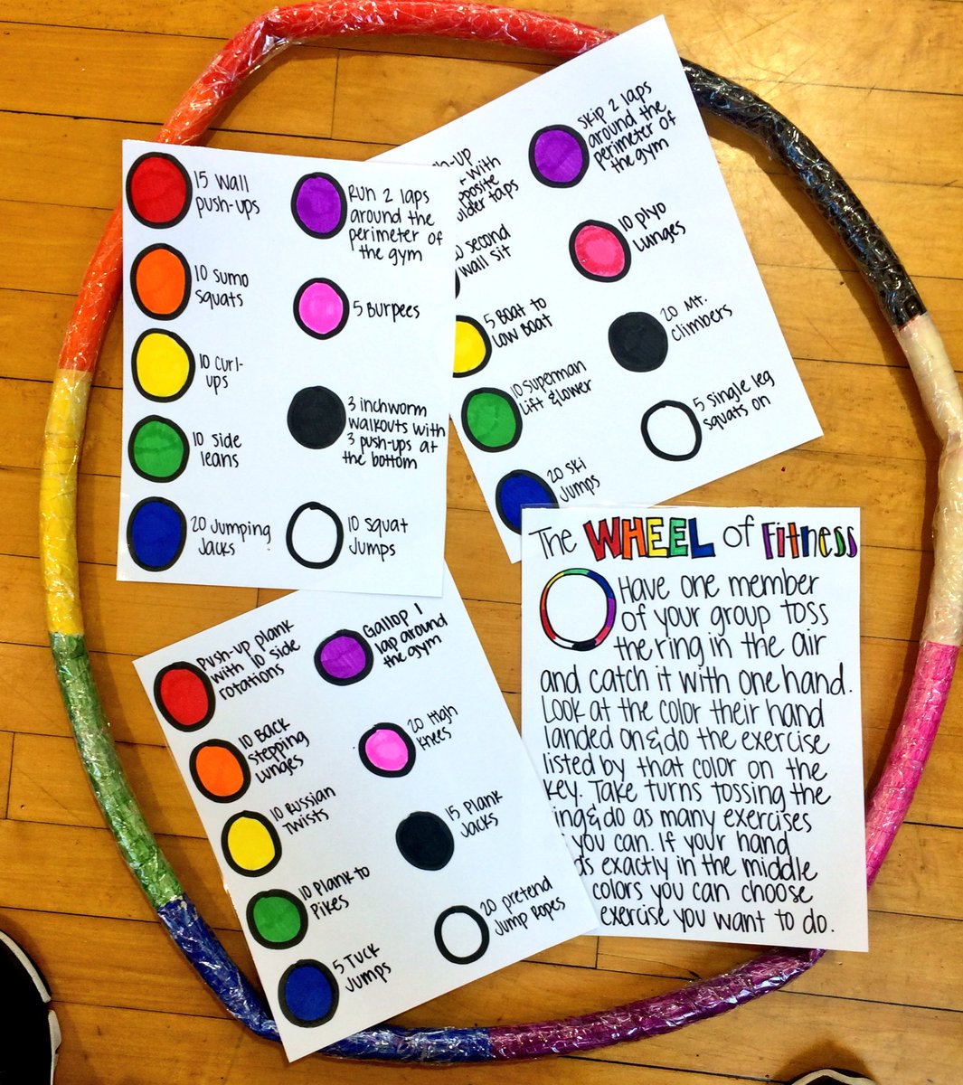The wheel of fitness.. I got this idea from some1, idr who! sorry I'm not giving credit!!! Super EZ 2 make, perf 4 a fitness station #physed