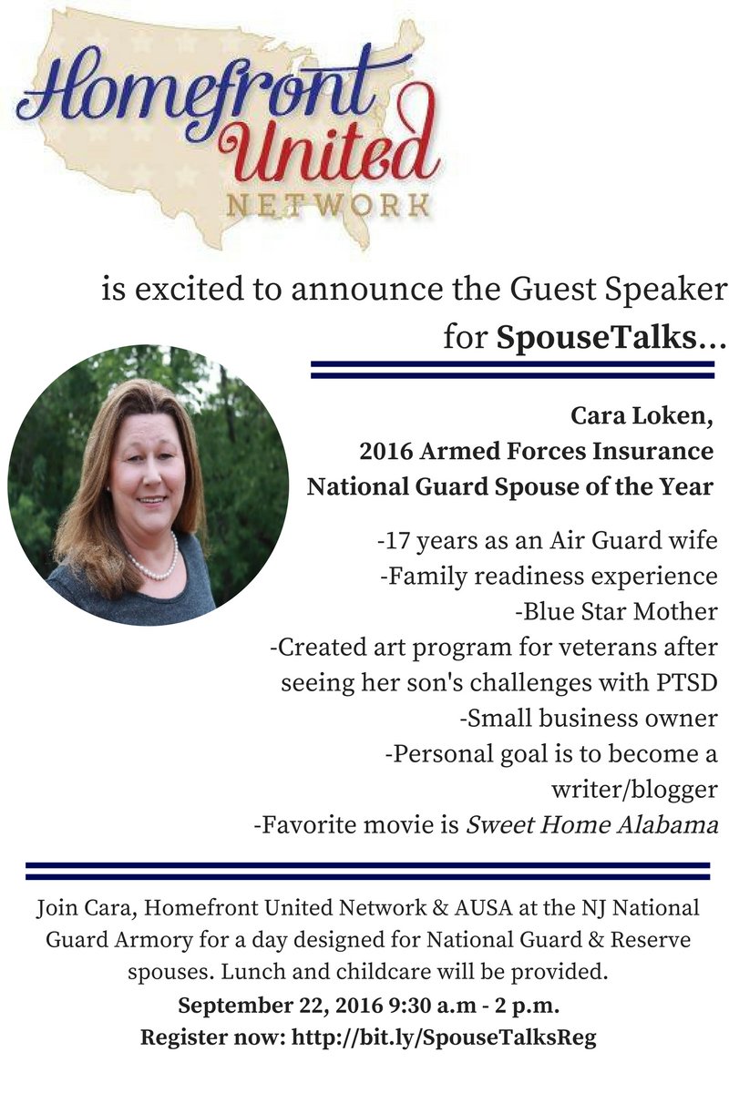 HomefrontUnited's tweet photo. #SpouseTalks is excited to host Cara Loken, #NationalGuard #MSOY16 as our guest speaker! She's traveling all the way from #Nebraska! https://t.co/nOKFHSCjaC
