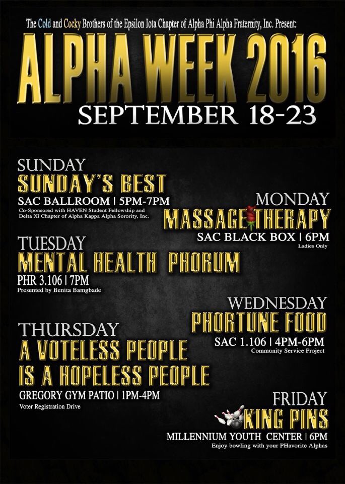 bBess_iYess's tweet photo. Mental Health Phorum! Taking place today in the pharmacy building! #AlphaWeek2016 https://t.co/P7h4bO7Y2V