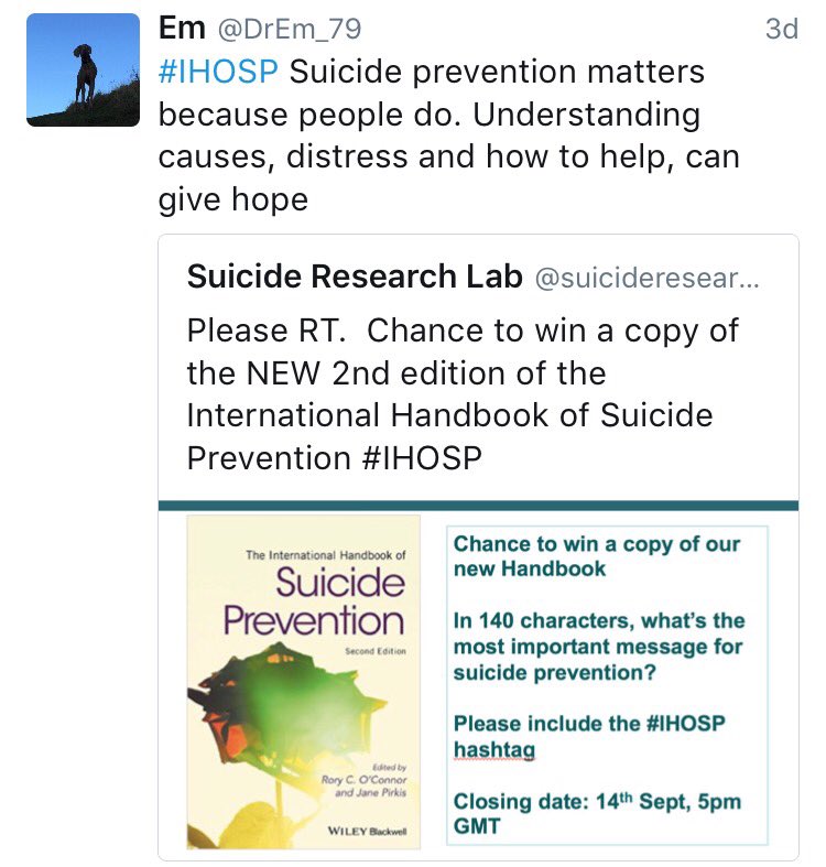 suicideresearch's tweet photo. @DrEm_79 Your free copy of 2e of the International Handbook of Suicide Prevention is in the post #BrilliantEntry https://t.co/y8IlRImK0k