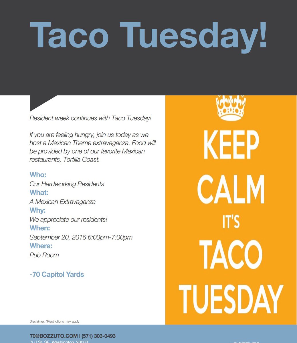 CapitolYardsDC's tweet photo. Don't miss Taco Tuesday tonight! #ScoreWithBozzuto #TacoTuesday https://t.co/bylEYhNFsc