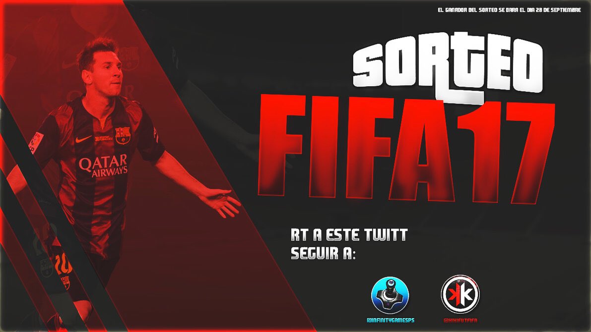 KikiFutFifa's tweet photo. ⚽️SORTEAZO DE UN FIFA 17 PS4 GRATIS‼️ Requisitos:
Seguid 👉🏻 @InfinityGamesPS 
Seguid 👉🏻 @KikiFutFifa
RT a este tweet 🔁
🏆Ganador el día 28S⚽️ https://t.co/u3T3JbM6B5