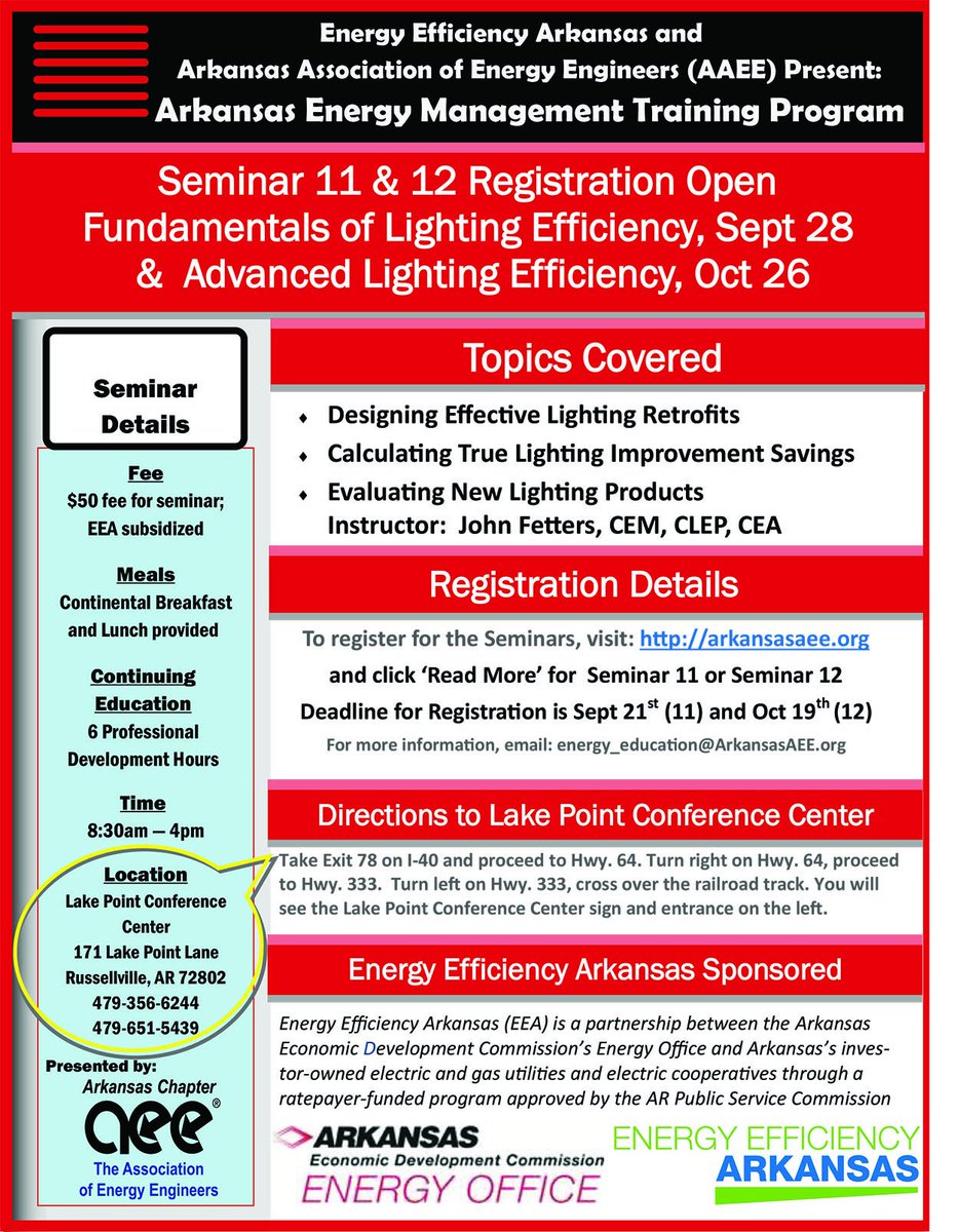 <a href="/ArkansasAEE/">Arkansas AEE</a> will host a seminar on the fundamentals of lighting efficiency 9/28. Click the link to learn more. ow.ly/HSZ4304oOxK
