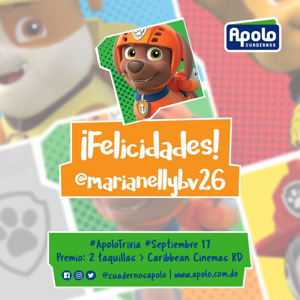 CuadernosApolo's tweet photo. Felicidades @marianellybv26 #ganadora #ApoloTrivia te contactaremos vía DM para recoger tus entradas a @caribbeancine #CuadernosApolo https://t.co/JsxcOG2K9s