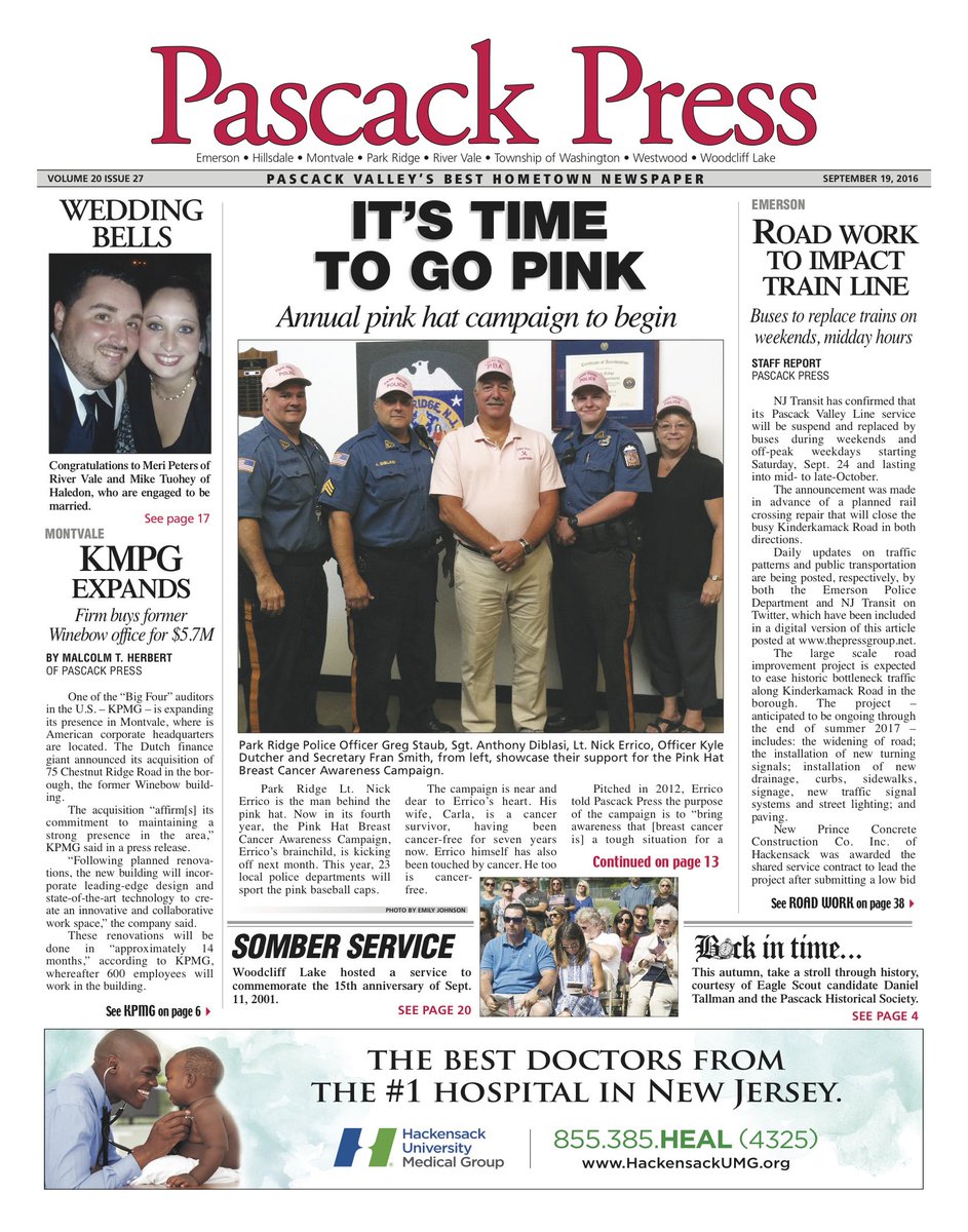 PinkHatCampaign's tweet image. Look for us on the front page of the Pascack Press! All credits go to @PascackPress! Thank you! #PinkHatCampaign #breastcancerawareness