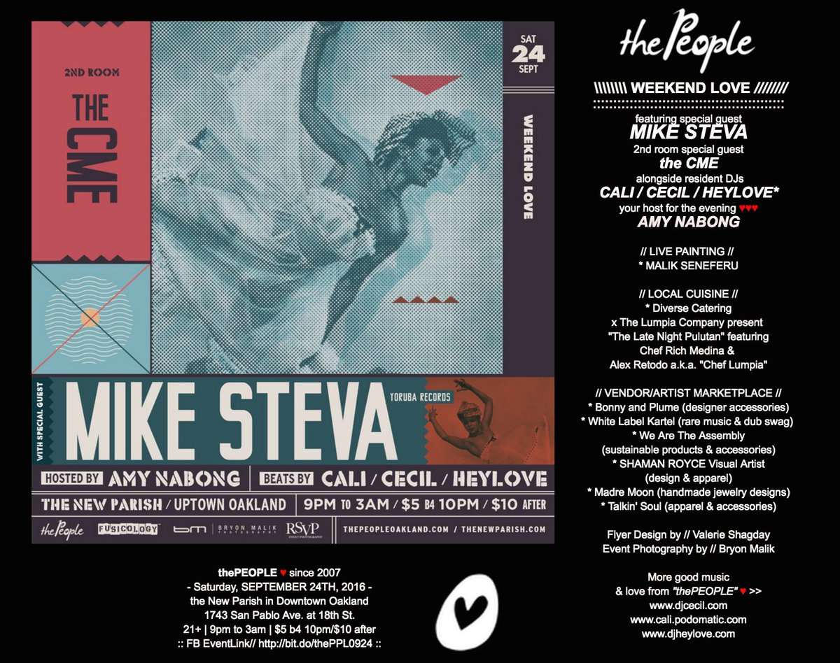 djheylove's tweet photo. SAT:0924 @thepeopleoak ๐๐ถโฅ๏ธ w/ #MikeSteva #theCME @DJing_Cecil #CALI @djheylove hostedBy @amynabong / @thenewparish https://t.co/ull8upIPmG https://t.co/u0rfT5YGR0