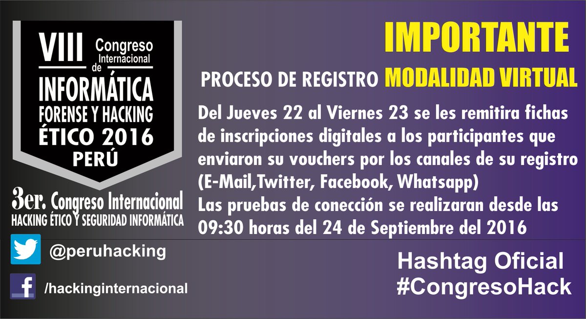 peruhacking's tweet photo. #CongresoHack Registro Virtual Jueves 22 y Viernes 23 @ph4k3r @Hack_Sec @CONEISC2016 @conatecei @CicisPeru @ccbol2016 @flisol2016 @BSidesPR https://t.co/AnO46RKrTi