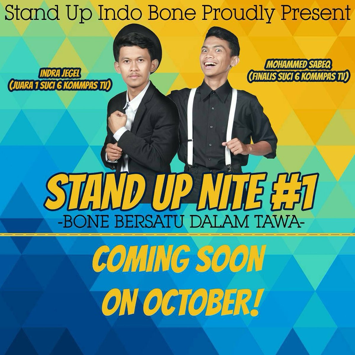 Semoga lantjar hingga akhir. Oh iya, untuk pembelian tiket; silakan hubungi <a href="/StandUpIndo_WTP/">STAND UP INDO BONE</a> 

#SUN1BONE