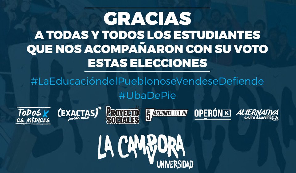 LaCamporaUBA's tweet photo. Gracias a todas y todos los estudiantes que nos acompañaron con su voto!
#EleccionesUBA https://t.co/Ly8C2q1QL3