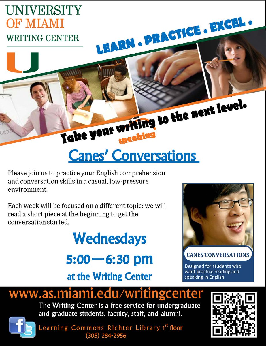 UMWritingCenter's tweet image. English language Learners: Don't forget about Wednesday's Canes Conversations from 5-6:30 at the Writing Center on the 1st floor of Richter!