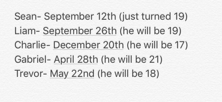OverAtlanticAz's tweet image. HERE ARE THE GUYS BIRTHDAYS AND AGES!!