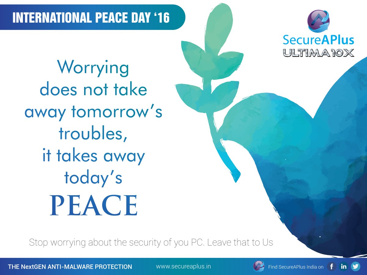 SecureAPlus_IN's tweet photo. On #internationaldayofpeace Team @SAP_India guarantees You more #peace &amp; a #Secure #PC. Leave your #datasecurity to #SecureAPlusULTIMA10X https://t.co/IU6nyBHUD9