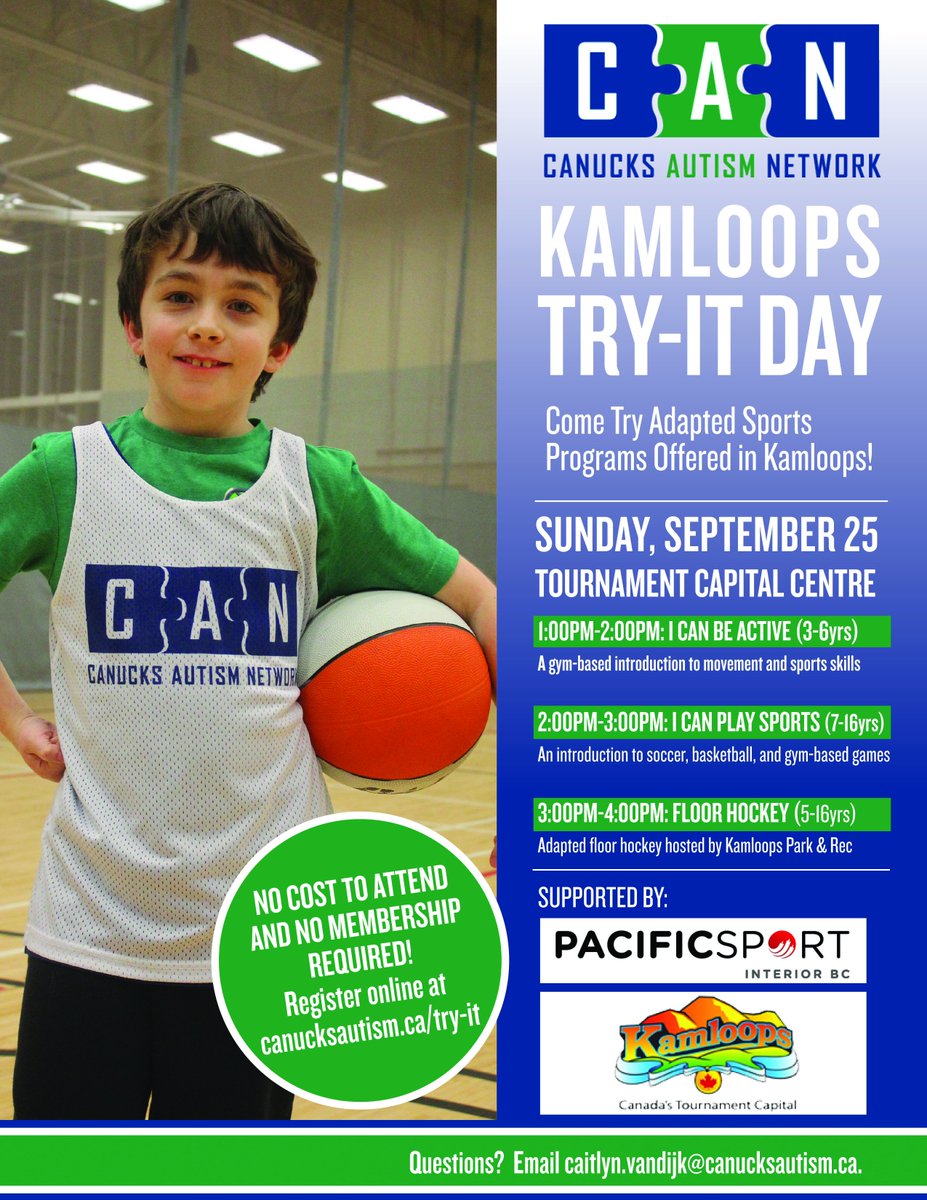 canucksautism's tweet photo. Last day to register for #Kamloops Try-It, Sun Sep 25. RSVP: https://t.co/9aSoSLPO3V @cityofkamloops @_PacificSport_ https://t.co/NCSYVY6Lwn