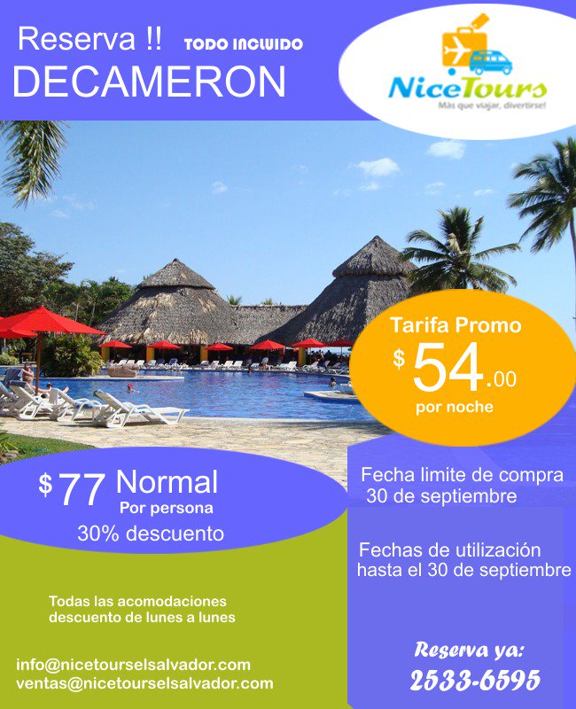 NiceToursES's tweet photo. Decameron en promoción todas las acomodaciones Consulta disponibilidad tel 2533 6595 #NiceTours https://t.co/5iSDUmcl92