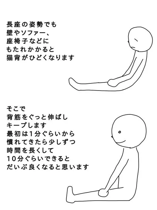 猫背には長座が有効なんだそうです

猫背をかばうために
反り腰になっていることが多く
そのため
背筋を伸ばそうとしても
よけい反り腰になっているだけのことがあります

でも長座の姿勢なら
腰が反ることがほとんどないので
背筋が伸びた状態を維持するだけで
体幹が鍛えられるそうです 