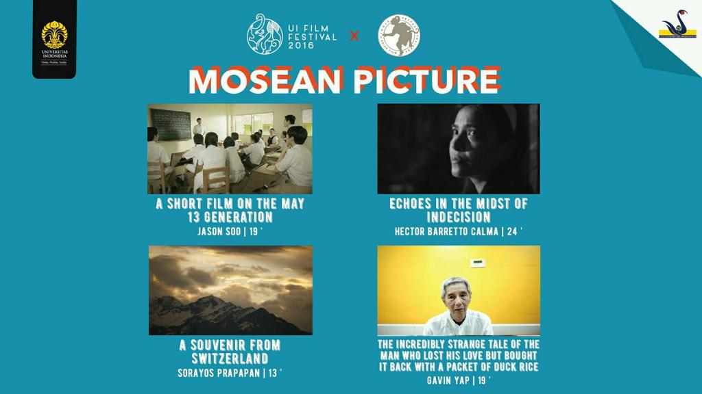 (Hari Kedua UI Film Festival 2016)
Pemutaran Mosean Picture (13.00 WIB).
Open gate 12.30 <a href="/Aula/">Aula</a> Apung Perpustakaan UI