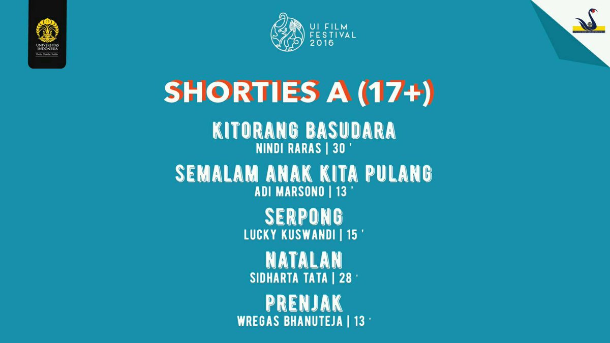 (Hari kedua UI Film Festival 2016)
Pemutaran Shorties A (15.00WIB)
Open gate 14.30 <a href="/Aula/">Aula</a> Apung Perpustakaan Pusat UI