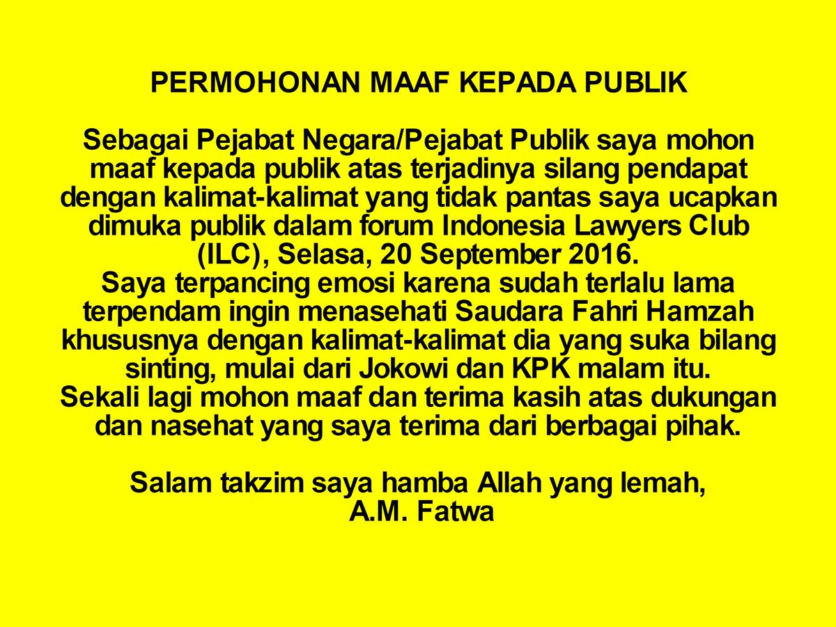 yudhapati88's tweet image. RT @AMFatwa: #PermohonanMaaf @ILC_tvOnenews @karniilyas @Fahrihamzah