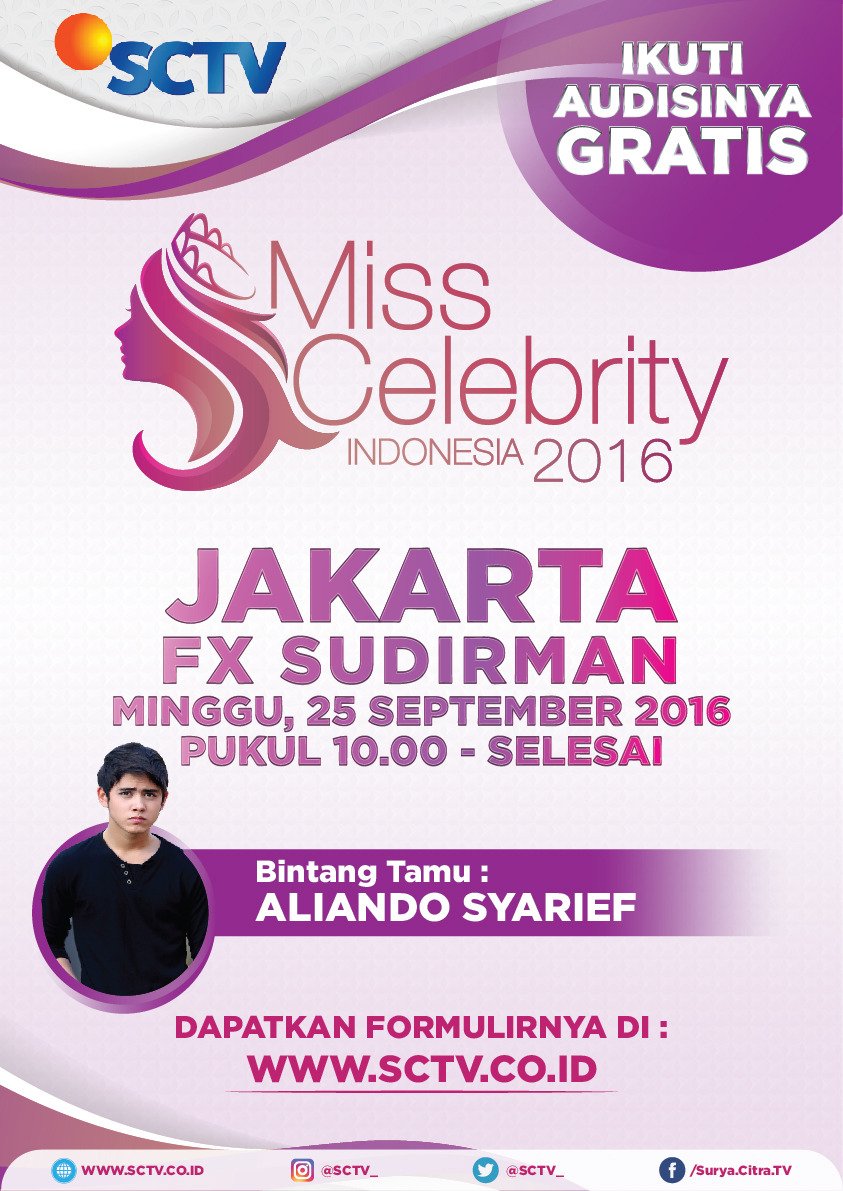 Pastikan kamu ikut audisi #MissCelebrity2016 di FX Sudirman! Bakal ada <a href="/alysyarief/">Aliando Syarief.</a> loh memeriahkan acara!