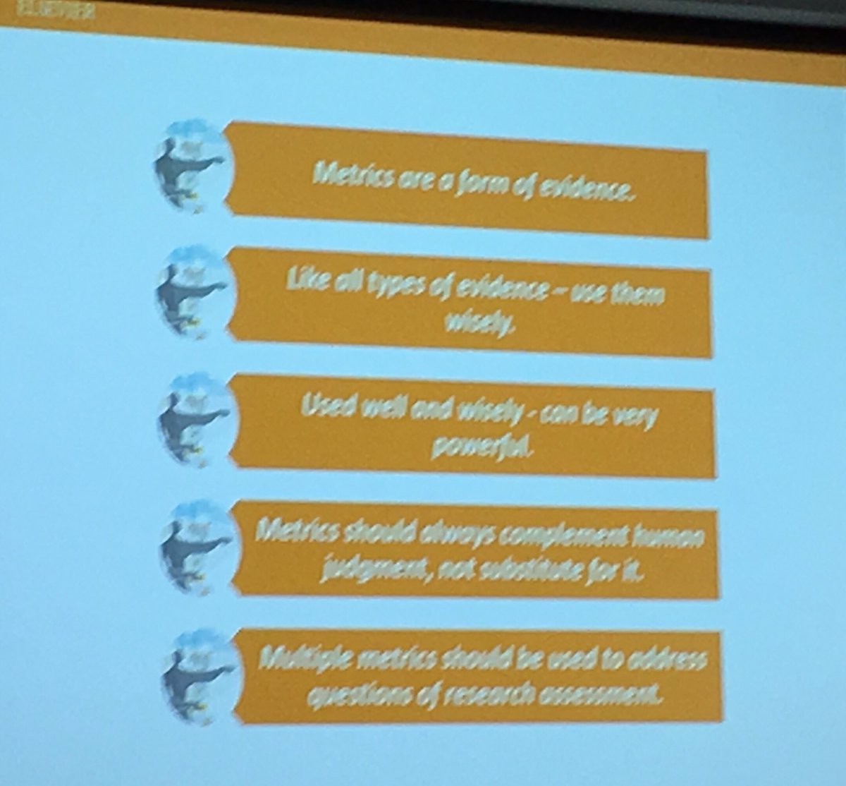 MishDuryea's tweet photo. Use metrics wisely - they should complement, not substitute, judgement: Steve Riddell @Scopus @SciVal #ECUResearchWeek #herehere https://t.co/B2zxpmiGVd