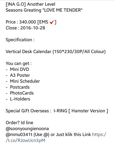 AAAAAAAH_V's tweet photo. [HELP RT] ⭐INA G.O⭐
Another Level Season Greeting "LOVE ME TENDER" || 340.000 ||EMS✅ ||
Close 2016.10.28 ||
Detail 👇 https://t.co/zRN4nwaqFl