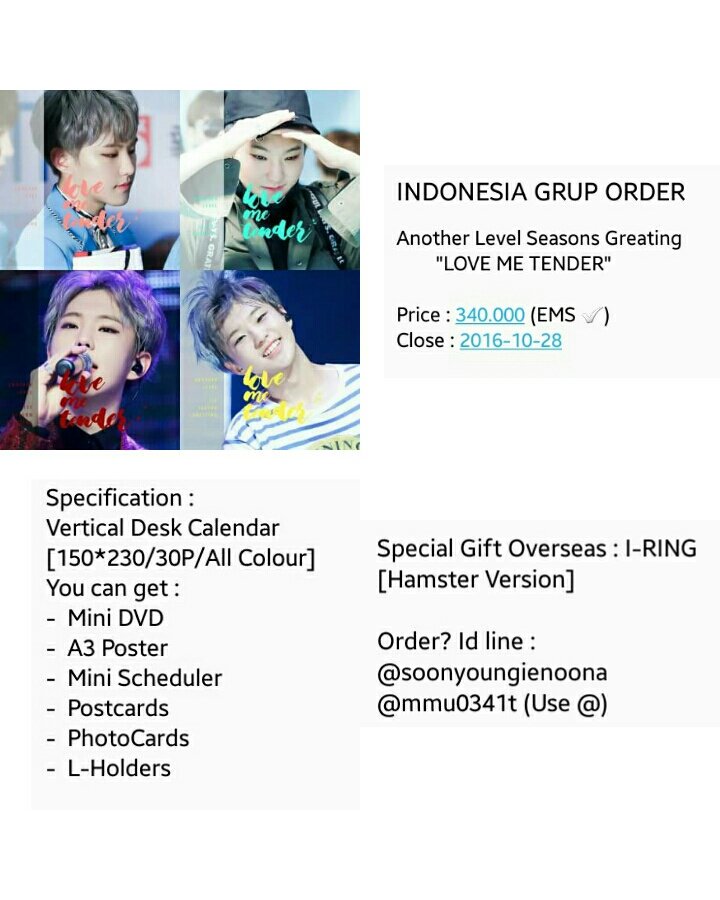 AAAAAAAH_V's tweet photo. [HELP RT] ⭐INA G.O⭐
Another Level Season Greeting "LOVE ME TENDER" || 340.000 ||EMS✅ ||
Close 2016.10.28 ||
Detail 👇 https://t.co/zRN4nwaqFl