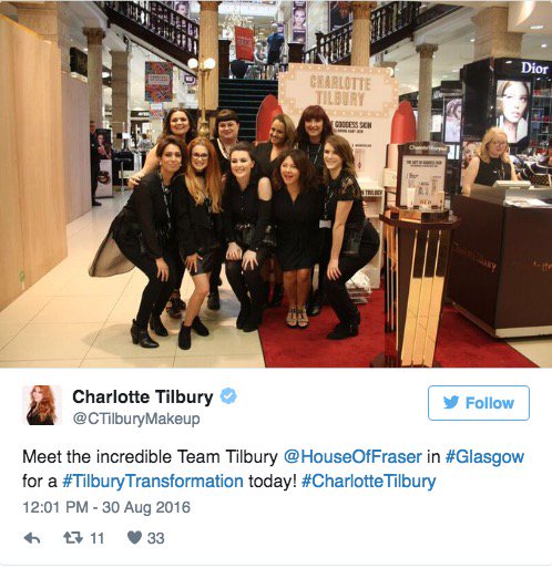 Emma_cogc_adpr's tweet photo. Great to see the opening of #CharlotteTilbury cosmetics @houseoffraser in #Glasgow 💄#PeopleMakeGlasgow #COGCADPR https://t.co/pv2YQiB9JU