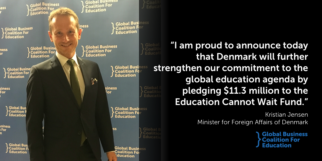 gbceducation's tweet photo. On behalf of Denmark, @Kristian_Jensen announces a pledge of $11.3mil to the #EducationCannotWait fund at the @gbceducation breakfast! https://t.co/ty68VivzNx