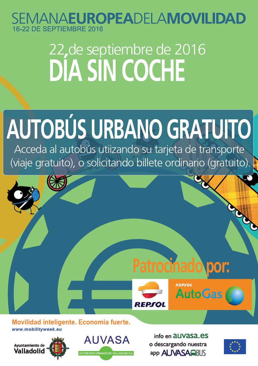 AyuntamientoVLL's tweet photo. MAÑANA jueves #22sept #DíaSinCoche, #AutobusesGRATIS #Música y #actividades en #Valladolid con motivo de la #SemanaEuropeaMovilidad. https://t.co/ciSC5X8FpO