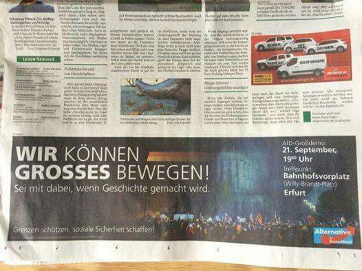 LocalTimesEF's tweet photo. Dass die @TAOnline für Lügenpresse-Schreihälse wirbt, sagt mehr über die TA aus, als über die, die #Lügenpresse schreien.

#ef2109 #fckafd https://t.co/JdPQ6Ju1R3