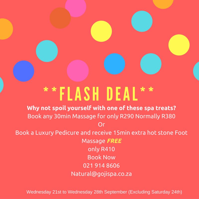 Gojispa's tweet photo. FLASH DEAL WEDNESDAY! Mention Twitter when booking and receive 1 of 3 mystery gifts! @Gojispa @willowbridgesa https://t.co/1hjfeScj69