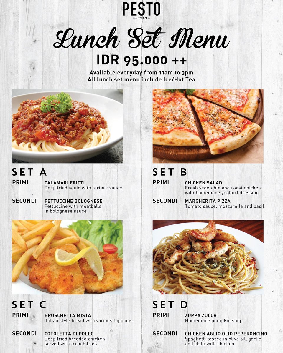 ThamrinNine's tweet photo. Dont Miss Out... 
@PESTOautentico new set price Lunch Menu is available everyday from 11am to 3pm only IDR 95.000++ ! https://t.co/HinyWuCnVO