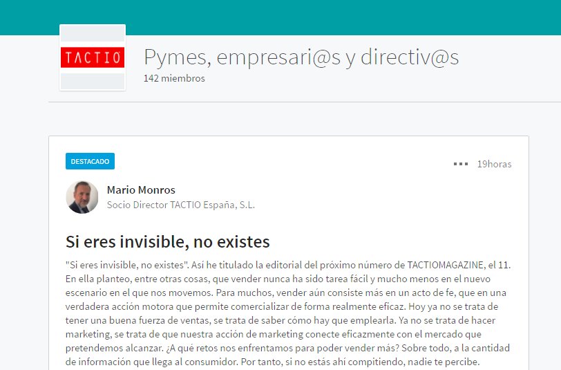 TACTIO_'s tweet photo. Abrimos #debate en nuestro Grupo de #Linkedin. #emprendedores #innovacion #pymes ¡Participa!:  https://t.co/q669efhobc https://t.co/b6xswvg1Ga