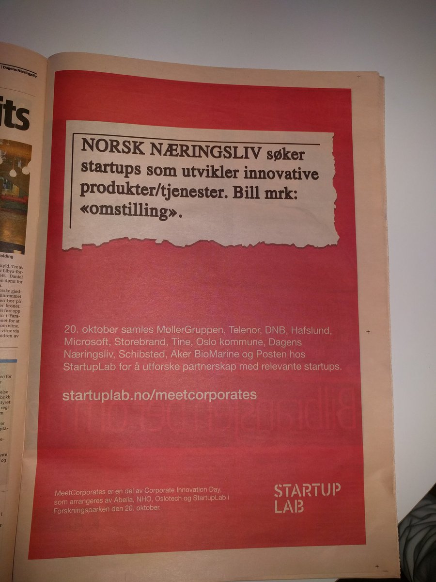 startuplabno's tweet photo. .Did you see @DN_no today? Startups keen on partnering up with startups, head over to https://t.co/L85ZHTHsbV https://t.co/5uFlziTFtC