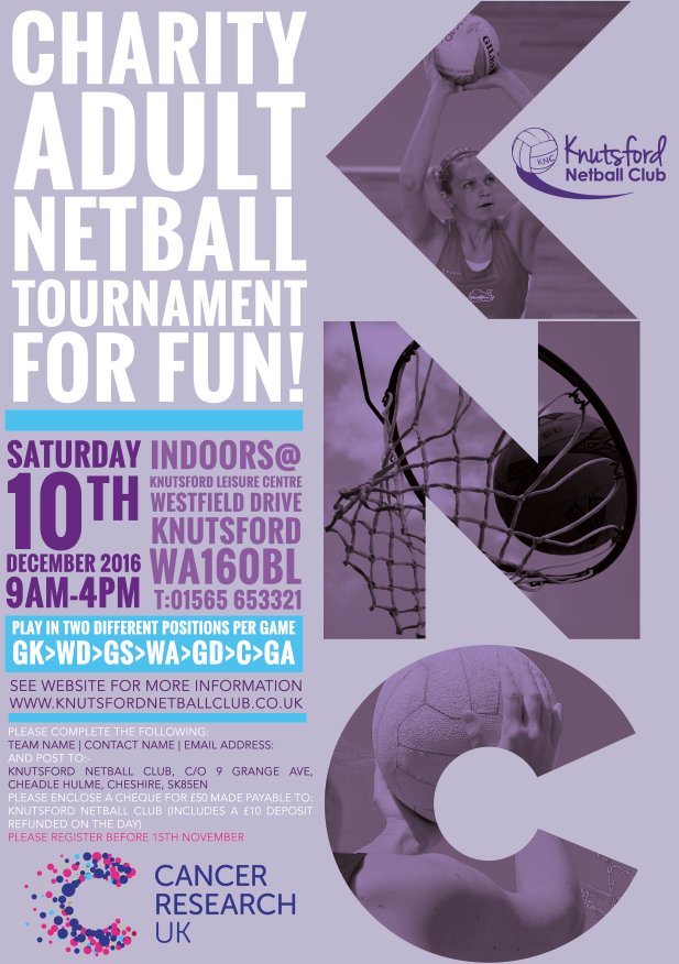 Knutsford Charity Netball Tournament announced! #netballtournament #cancerresearch #knutsford
See web, please share: knutsfordnetballclub.co.uk/tournament/
