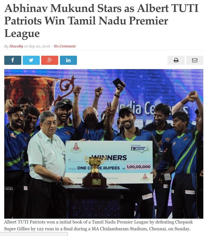 TUTI_PATRIOTS's tweet photo. The #TNPL 2016 winners are storming the news thanks to their undefeated score. Great win by the entire team. #TuTiPatriots #TPvsCSG https://t.co/2mUQ4gvLDT