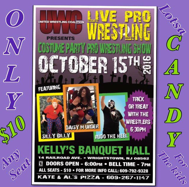 UWCRules's tweet photo. Don't miss your @UWCPROWRESTLING faves 10/15/16:@ThrillShock, @cerenzio, Bravo, JJ Cruz, CraigFrancisOTW, Jimmy Pipes, @daisy_murder, MORE! https://t.co/WlSnf9zazD