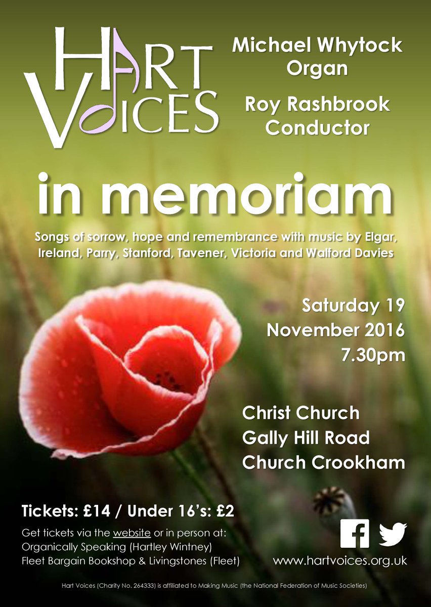 Next Concert: In Memoriam - <a href="/HartVoices/">Hart Voices</a> Concert for Remembrance Day. 19 Nov, 7.30pm. ChristChurch, Church Crookham - hartvoices.org.uk/november-2016