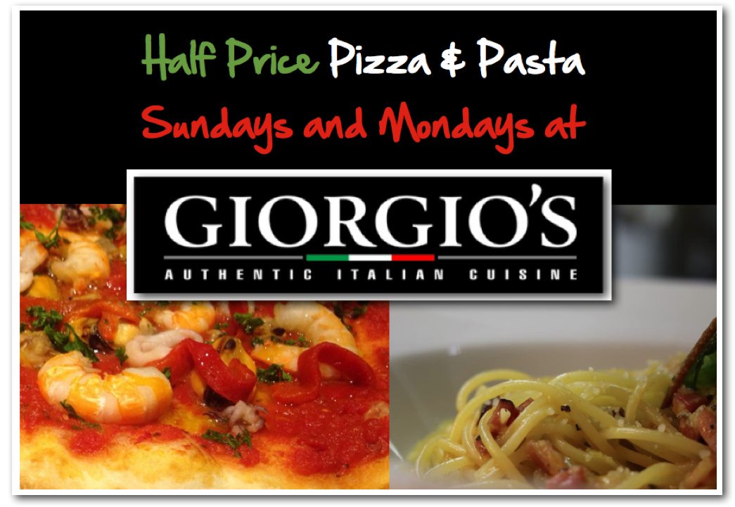 local_go's tweet photo. Treat yourself to half price pizza &amp; pasta @GiorgioItalian every Sunday &amp; Monday from 12 noon! Fantastic https://t.co/14TyRQmcab  @local_go https://t.co/JrXHUSr0k4