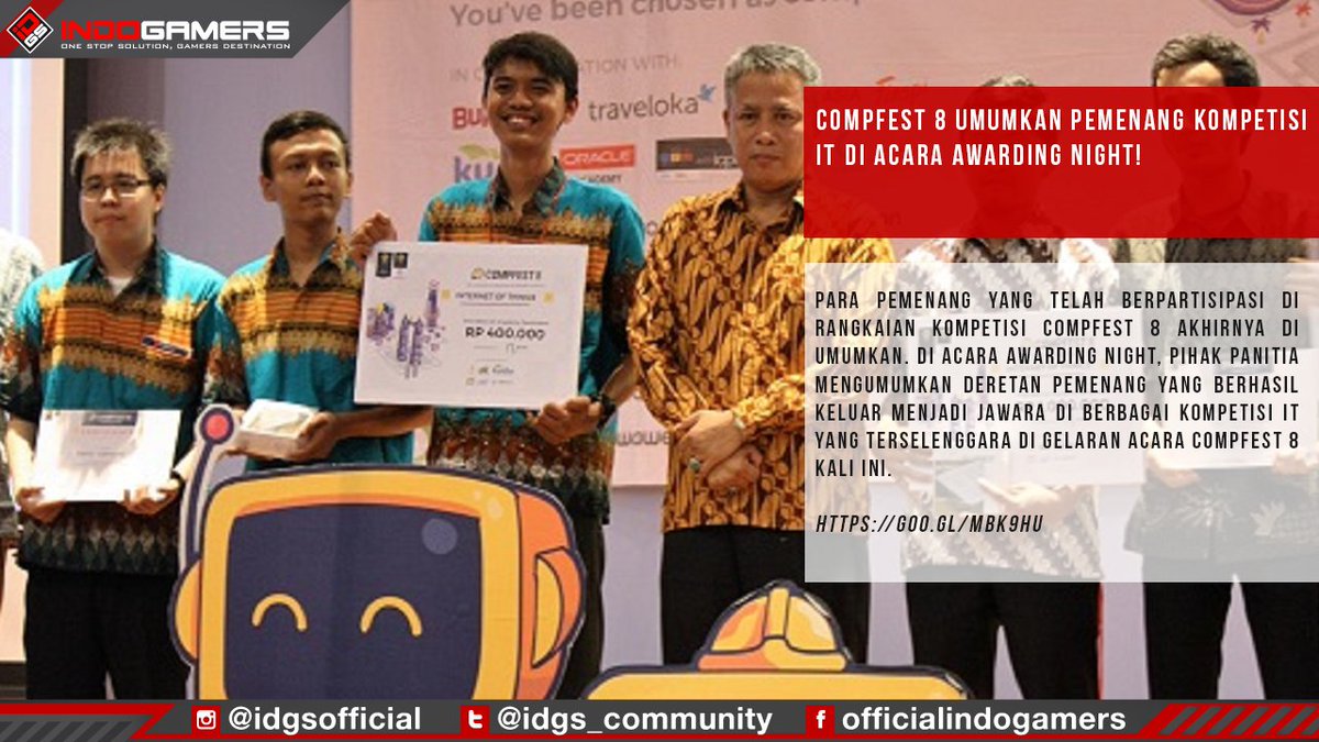 IDGS_Community's tweet photo. Selamat bagi para pemenang kompetisi IT CompFest 8 UI! Yuk simak informasi selengkapnya disini
https://t.co/7VZj2vb14G
#IDGS #CompFest8 https://t.co/Sap5JYpfbn