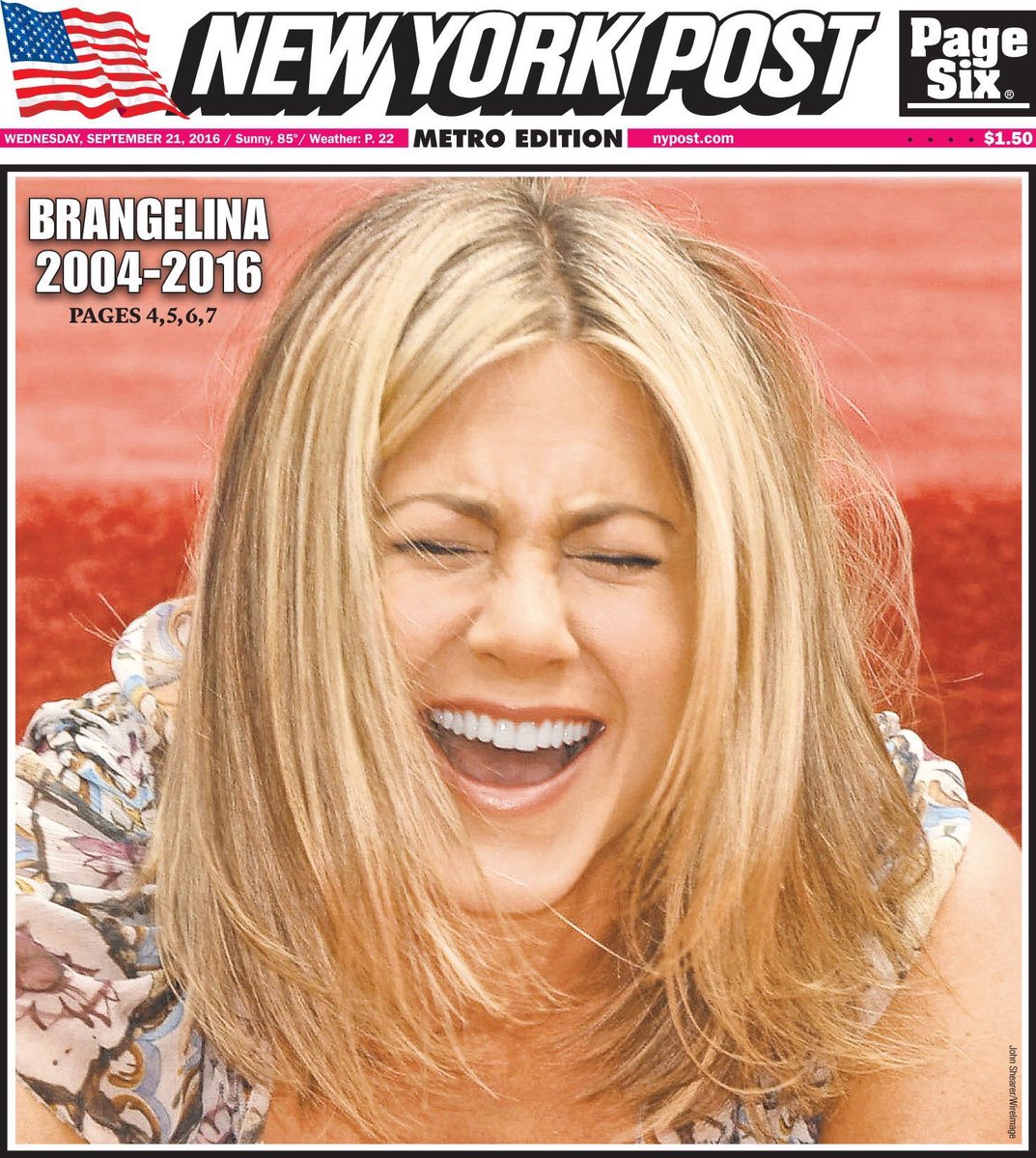 AndrewBloch's tweet photo. Today's New York Post front page 

#Brangelina https://t.co/Xr6PRQj12J