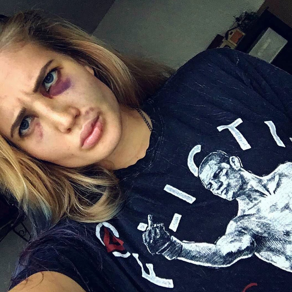 Affliction's tweet photo. @anastasia_yankova rockin’ the @natediaz20 shirt 👊🏽👊🏽 #afflictionclothing #affflictionsport #bellator161 https://t.co/pYBMVw2nif